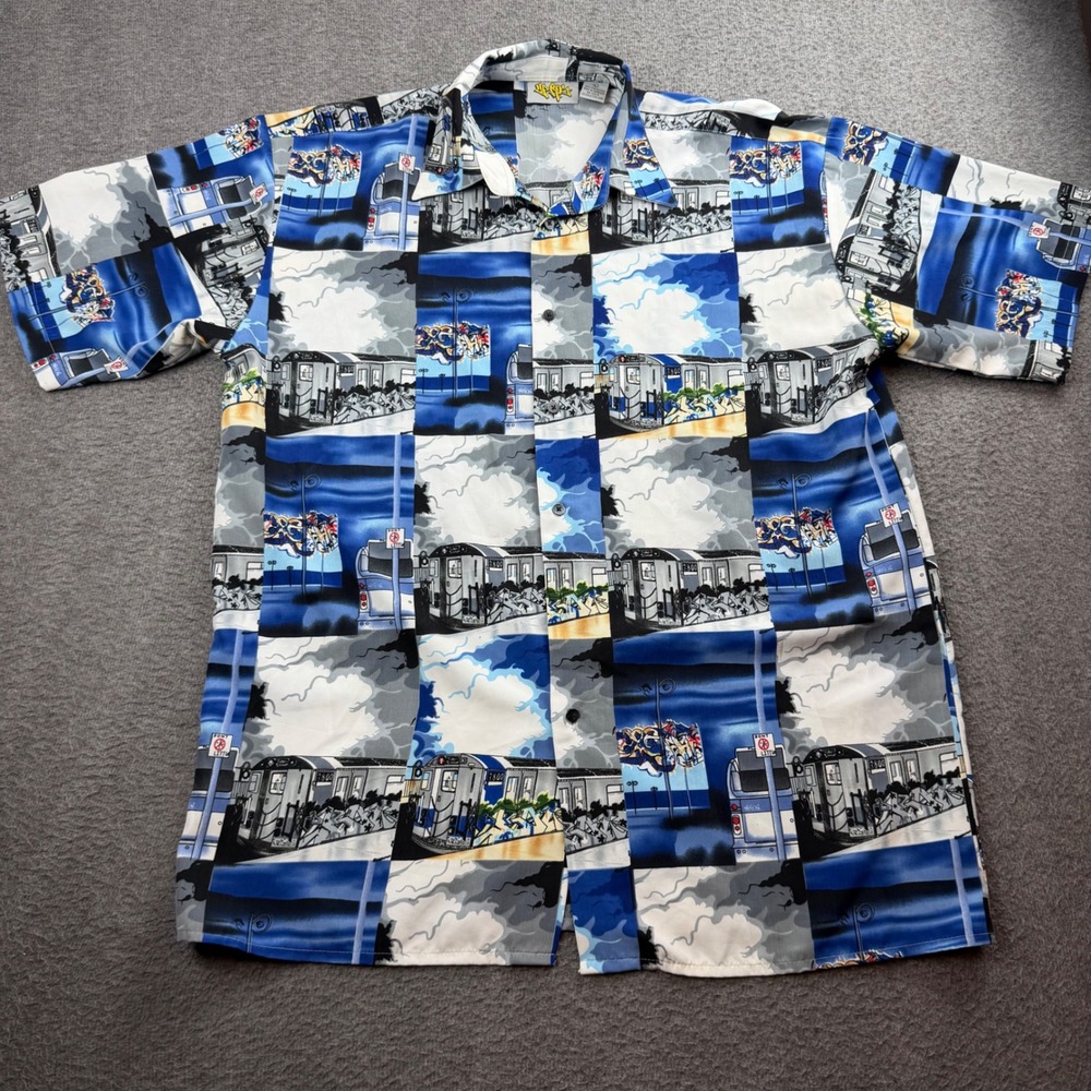 Up Rock Button Down Shirt Mens Large Blue Graffiti Subway Train Streetwear Short